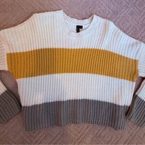 MOON & MADISON Cropped Striped Knit Sweater - Cream, Mustard, and Gray
